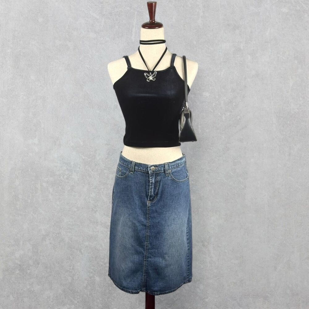 Y2K Forever 21 Light Faded Blue Denim Knee Length Back Slit Skirt